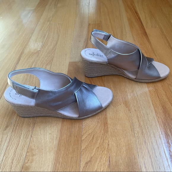 Clarks Collection Lafley Elaine Wedge Sandal in Pewter Leather size 9M - Picture 7 of 9
